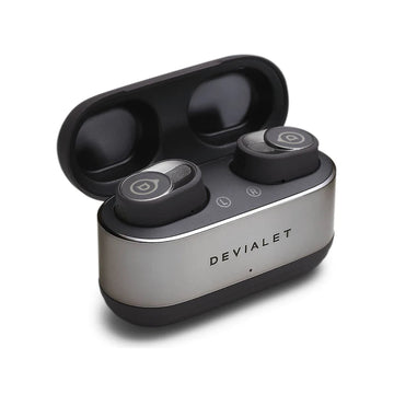 Devialet Gemini II True Wireless earbuds in black color, with the earbuds housed in an open charging case displaying the Devialet logo.