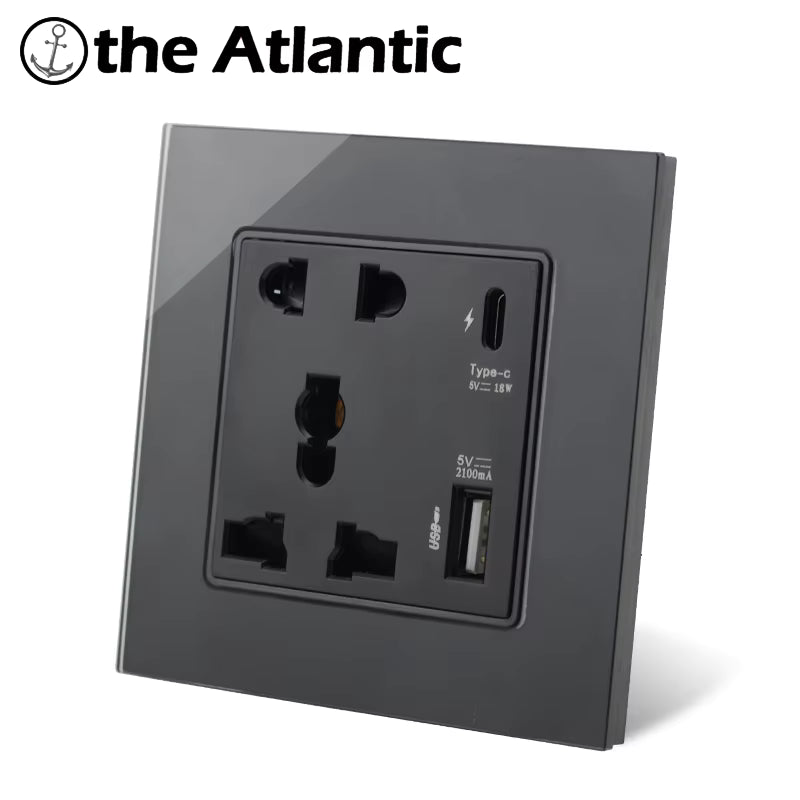 Premium Glass Wall Socket with USB & Type-C Ports | 5V 2.1A
