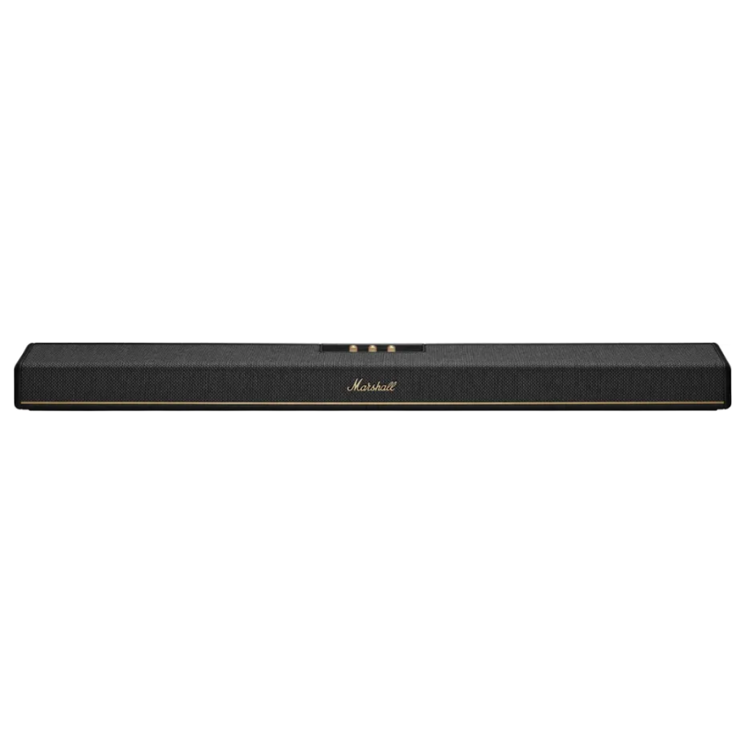 Black Marshall soundbar on a white background