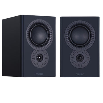 Pair of black speakers on a white background