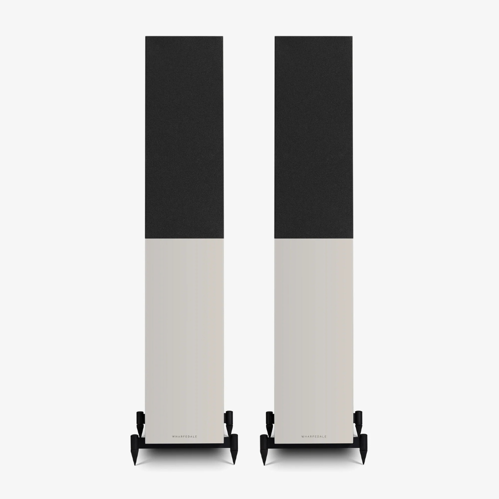 Pair of black and white floor-standing speakers on a white background